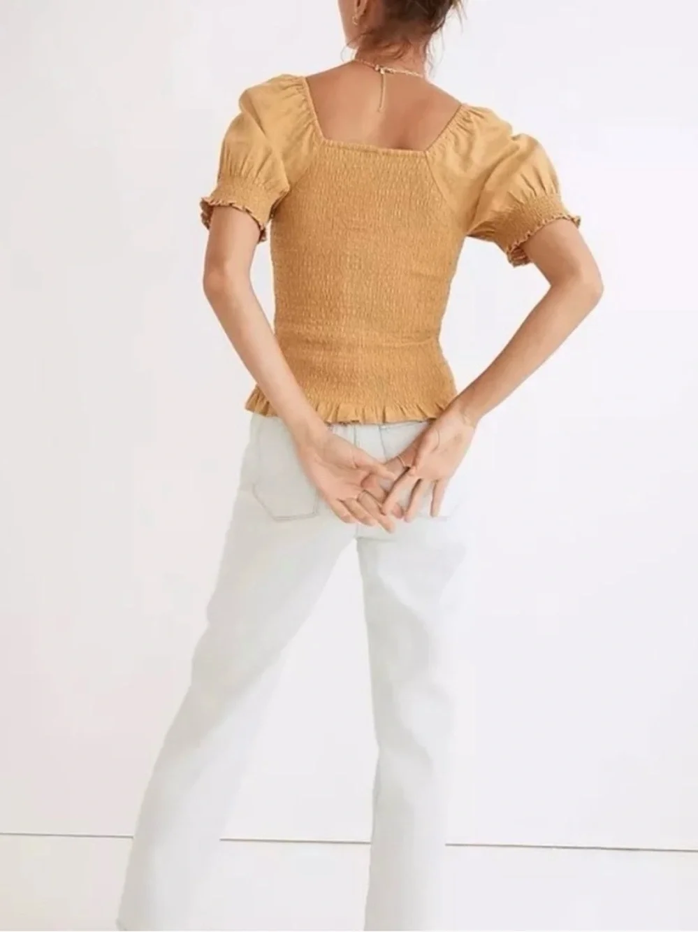 Madewell Lucie Mustard Smocked Square-Neck Puff Sleeve Top